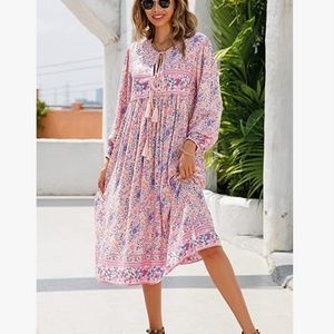 R. Vivimos Pink Long Sleeve Floral Bohemian Print Cottagecore Midi Dress